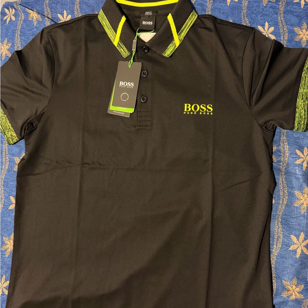 Hugo Boss Black Polo with Neon Yellow Trim